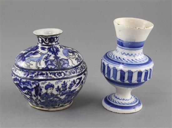 A Safavid underglaze blue and black pottery jar, 17th century, and a tin-glaze pottery vase, height 12.5cm